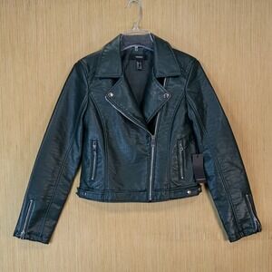 Forever 21 Womens Dark Green Faux Leather Moto Biker Jacket Size Medium  New